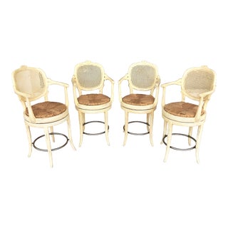 Vintage Faux Bois French Swivel Counter Stools With Arms, Cane Backs and Rush Seats- Set of 4 For Sale