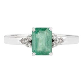 Natural Emerald Octagon Cut Engagement Ring With Diamond Accents in 925 Silver- Size 6.5 For Sale