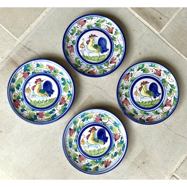 Excellent Pre-Owned Condition. Colorful and whimsical hand painted galletto silhouettes grace the center of each of these...