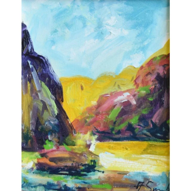 Original colorful landscape impressionist oil painting on stretched artist’s canvas. Illegible signature in the lower...