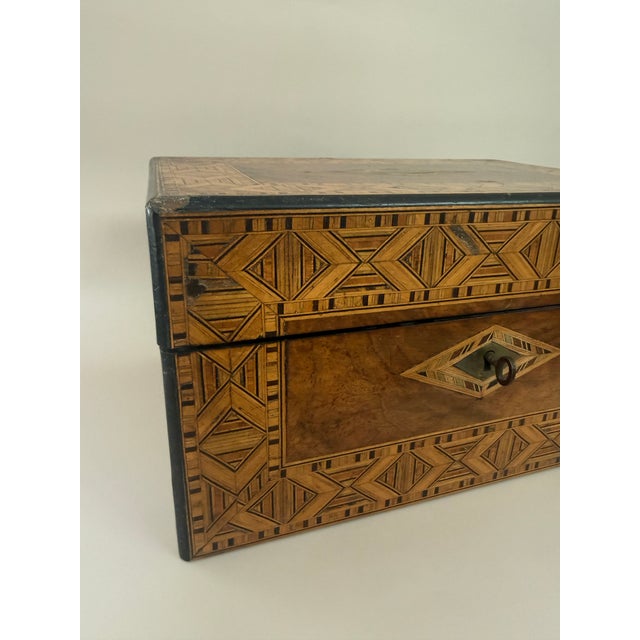 Antique Marquetry Inlaid Wooden Jewelry Box For Sale - Image 4 of 16