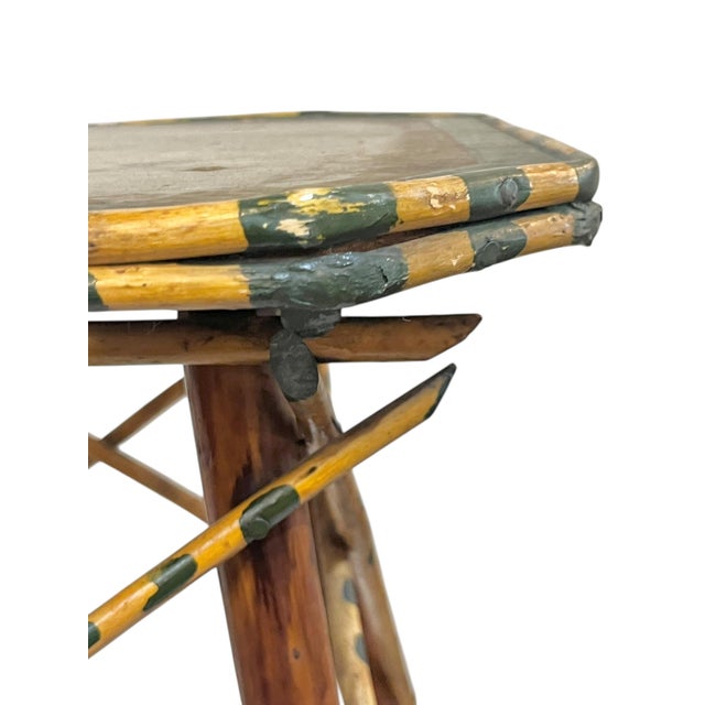 Rustic Adirondack Twig Side Table With Hand-Painted Green Accents – Folk Art Cabin Style For Sale - Image 9 of 17