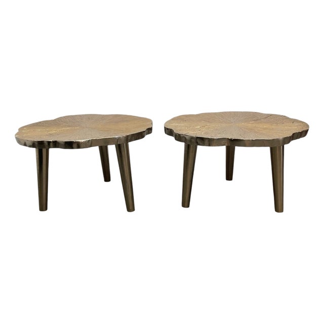 Pair of Vintage Hollywood Regency Cast Metal Organic Tree Slice Style Side Tables For Sale