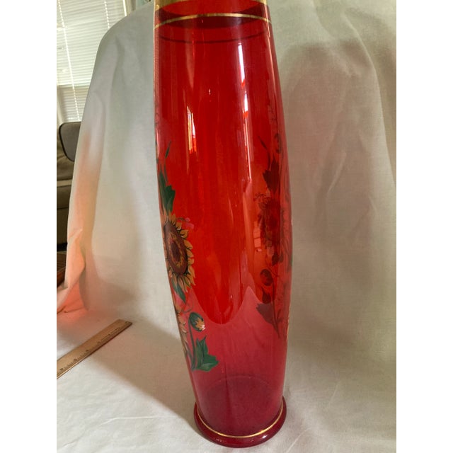 Glass Vintage Norleans Red Hand Painted Cylinder Glass Vase Sunflower Floral Italy 22k Gold Accent For Sale - Image 7 of 13