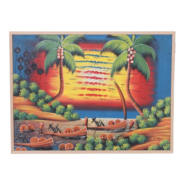 Vintage Haitian Painting Boats in Sunset by M. Mar For Sale