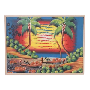 Vintage Haitian Painting Boats in Sunset by M. Mar