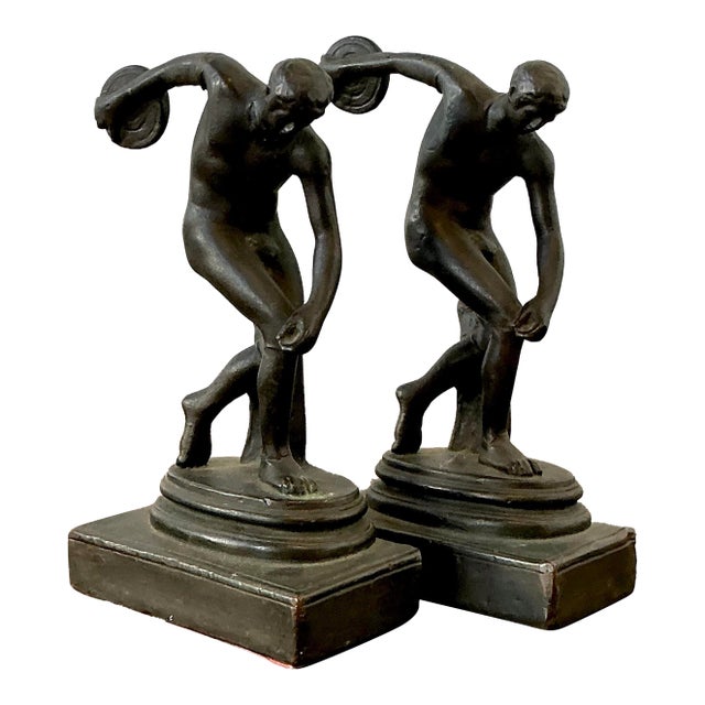Vintage Patinated Cast Brass Disc Thrower Bookends - A Pair For Sale