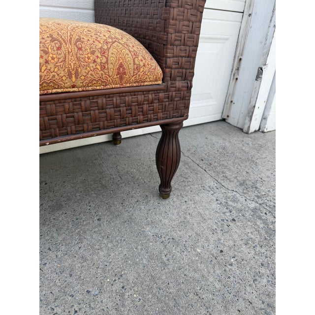Vintage Boho Woven Rattan Wicker Scroll Arm Upholstered Bench For Sale - Image 11 of 12