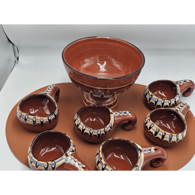 Ceramic punch set, Bulgaria, 1970s, bowl dimensions: height 14 cm, diameter 19 cm. cup dimensions: height 5.3 cm, diameter...