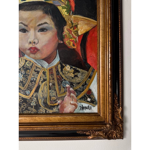 Brown Vintage Haruko Japanese Girl Portrait Oil on Canvas Painting, Wood Framed For Sale - Image 8 of 10