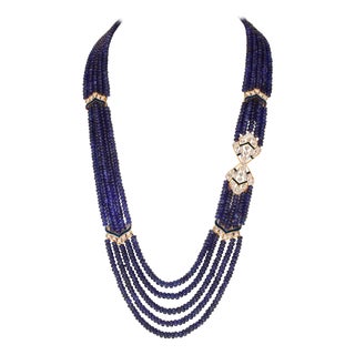 1000 Ct Natural Tanzanite Bead Five Strand Necklace + 4.5 Ct Diamond 14 K Y Gold For Sale