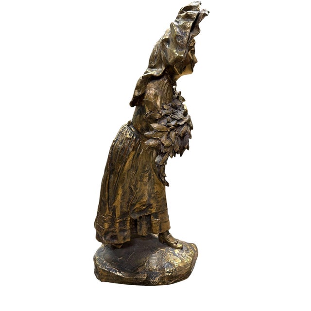 Early 20th Century Charlotte Monginot Girl W Flowers Bronze Sculpture For Sale - Image 4 of 12