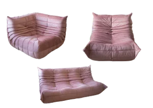 Pink Pearl Velvet Togo Lounge Chair, Corner Chair and 3-Seat Sofa by Michel Ducaroy for Ligne Roset, Set of 3