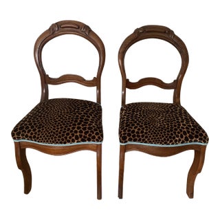 Antique Handcarved Side Chairs With Leaf Design and Leopard Upholstery and Turquoise Welting - a Pair For Sale