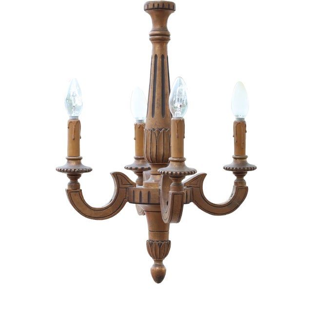 French Neoclassical Five-Light Carved Wood Chandelier with Aged Gold Finish, 1950 For Sale