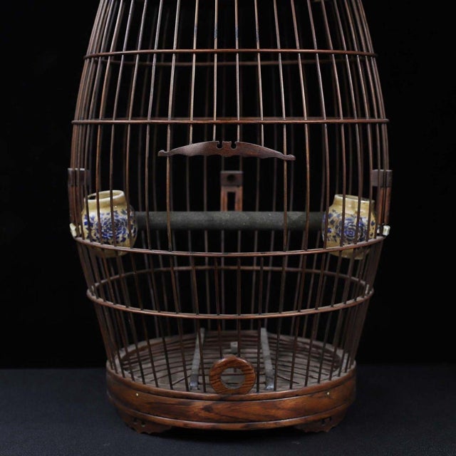 Brown Vintage Hardwood Birdcage With Gemstone Inlay and Porcelain Cups For Sale - Image 8 of 9