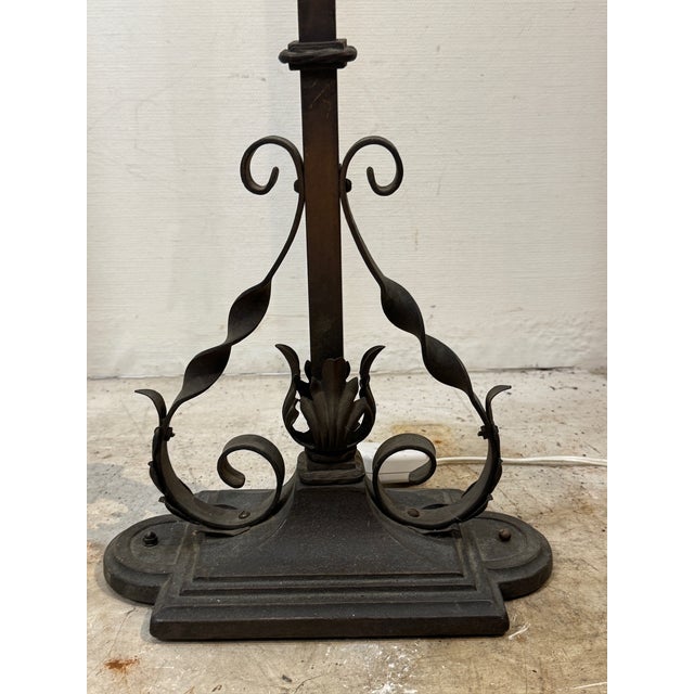 Pair of Vintage Iron Floor Lamps With Amber Mica Shades For Sale - Image 4 of 12