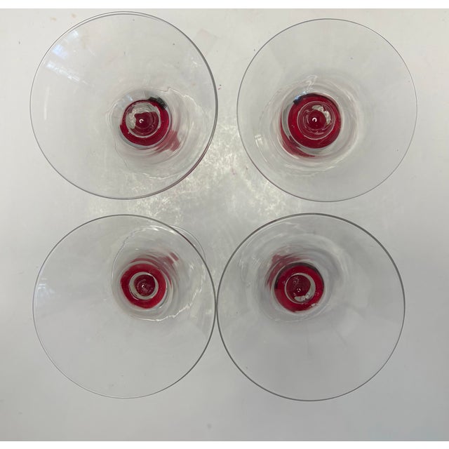Mid 20th Century Mid 20th Century Sculptural Red Stem Martini Glasses, Murano Style Art Glass Cocktail Coupes - Set of 4 For Sale - Image 5 of 9