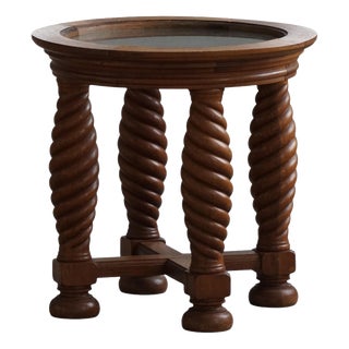 Mid-Century Modern Danish Oak Table with Spiral-Turned Legs and Glass Top, 1950s For Sale