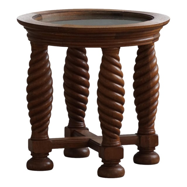 Mid-Century Modern Danish Oak Table with Spiral-Turned Legs and Glass Top, 1950s For Sale