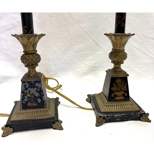 Metal Vintage French Tole and Brass Candlestick Lamps With Pineapple Motif- A Pair For Sale - Image 7 of 18