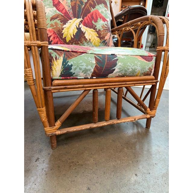 Pair of Mid-Century Rattan Lounge Chairs With Tropical Botanical Upholstery For Sale - Image 10 of 11