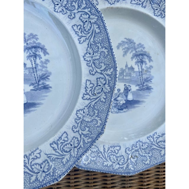 Ceramic Antique English Blue and White Ironstone Transfer Scene Plates- Set of 3 For Sale - Image 7 of 13