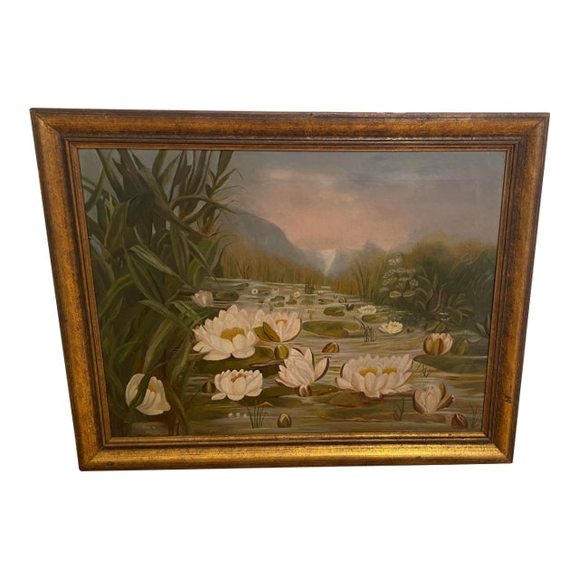 1980s Vintage Framed Impressionist Water Lilies Oil Painting For Sale