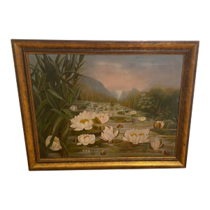 1980s Vintage Framed Impressionist Water Lilies Oil Painting