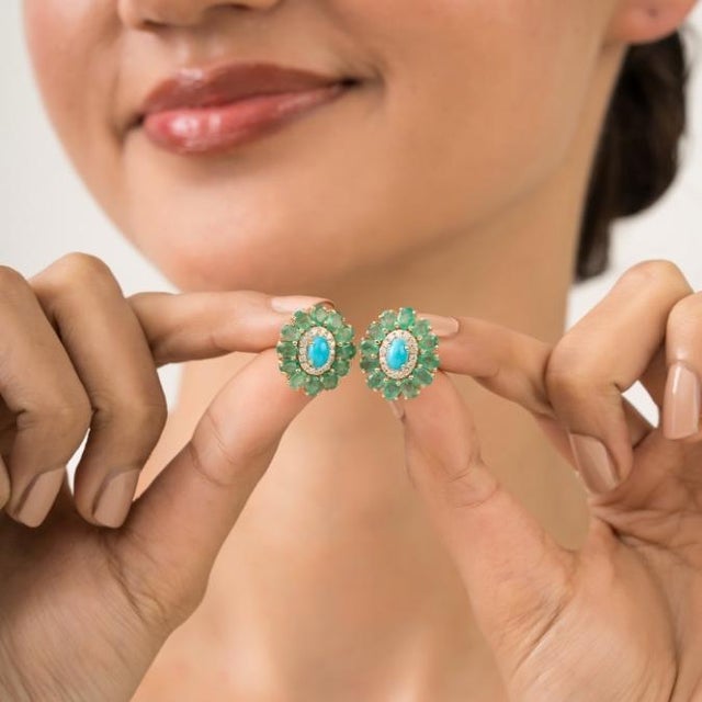 Not Yet Made - Made To Order Retro 4.93 Ct Turquoise Emerald Diamond Floral Cluster Stud Earrings in 14k Gold- A Pair For Sale - Image 5 of 14