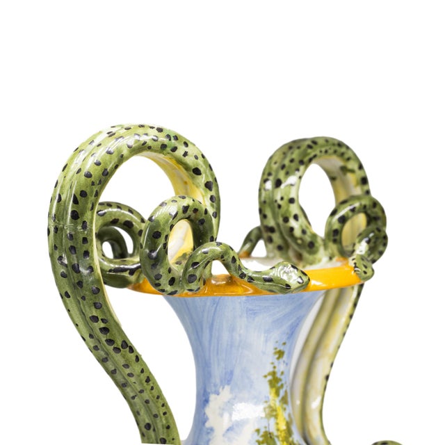 Printmaking Materials Pair of Italian Maiolica Vases, Coiled Snake Handles, Ca. 1880 For Sale - Image 7 of 10