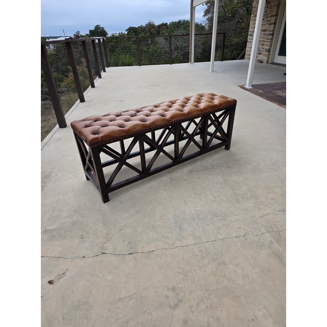 Tufted Worn Leather Long Bench With Rustic Dark Wood Base For Sale - Image 9 of 10