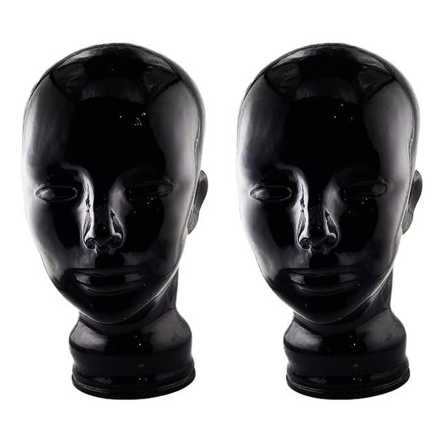 Contemporary 1970s Vintage Spanish Glossy Black Glass Mannequin Heads — Pair of Sculptural Bookends For Sale - Image 3 of 5