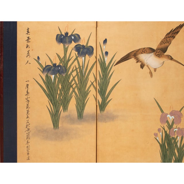 Japanese C. 1970s Japanese Style Painted Folding Screen "Pond Herons and Irises" For Sale - Image 3 of 12