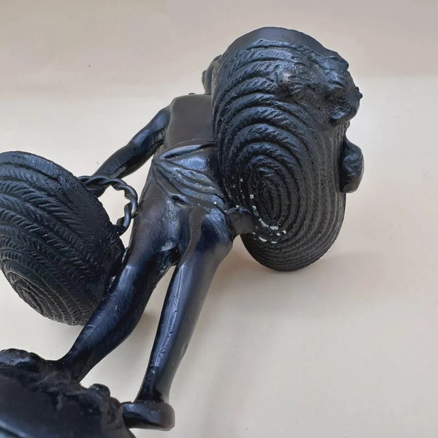 Bronze Vintage Bronze Child With Two Baskets on Green Marble in the Manner of Suzanne Bizard (Unsigned) For Sale - Image 8 of 10