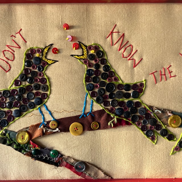 Large Signed Mary Teeter Folk Art Textile – “Sing Loud When You Don’t Know the Words” (2005) Bird Button and Embroidery Collage For Sale In Nantucket - Image 6 of 12