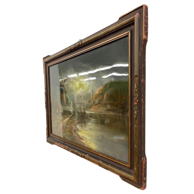 Vintage Framed Moonlit Windmill Landscape Painting With Coastal Harbor Scene. For Sale - Image 4 of 10