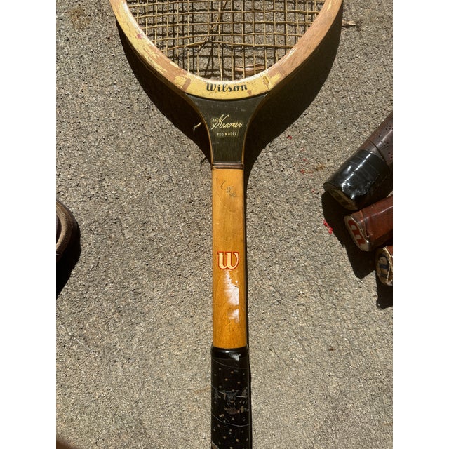 American Collection of Vintage Wooden Wilson Tennis Rackets With Cover and Blue and Yellow Accents For Sale - Image 3 of 9