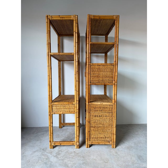 1970s Vintage Coastal Rattan & Bamboo Étagères – A Pair For Sale - Image 5 of 12