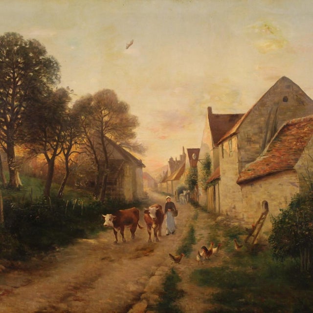 Large French painting dated 1899. Oil painting on canvas, first canvas, depicting a view of a country village with...