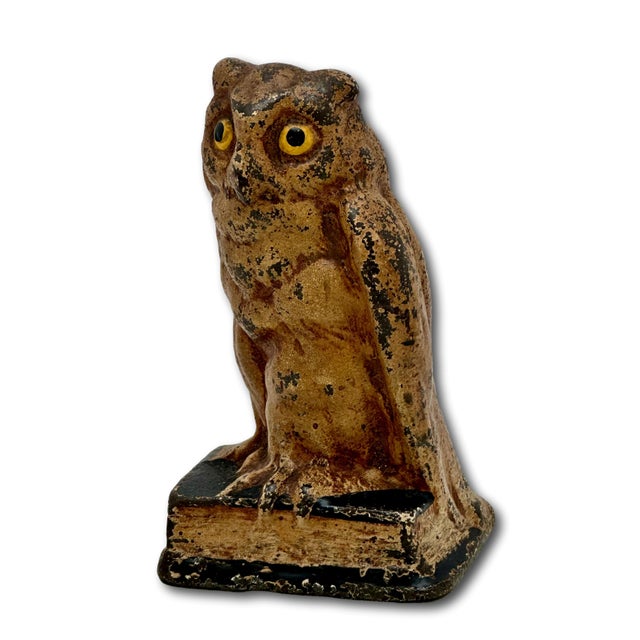 Metal Unusual Antique American Cast Iron Wise Old Owl Sitting on a Book Figurative Doorstop - Circa 1920s. For Sale - Image 7 of 18