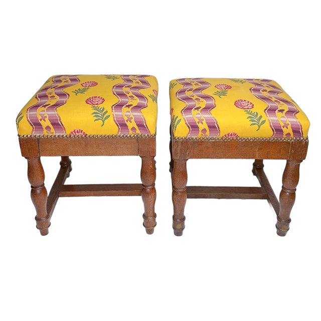 Antique Pierre Frey Upholstery Louis XIII Style Oak Ottomans - A Pair For Sale In Houston - Image 6 of 8
