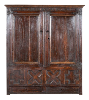Large English Carved Oak Marriage Cabinet, 1704