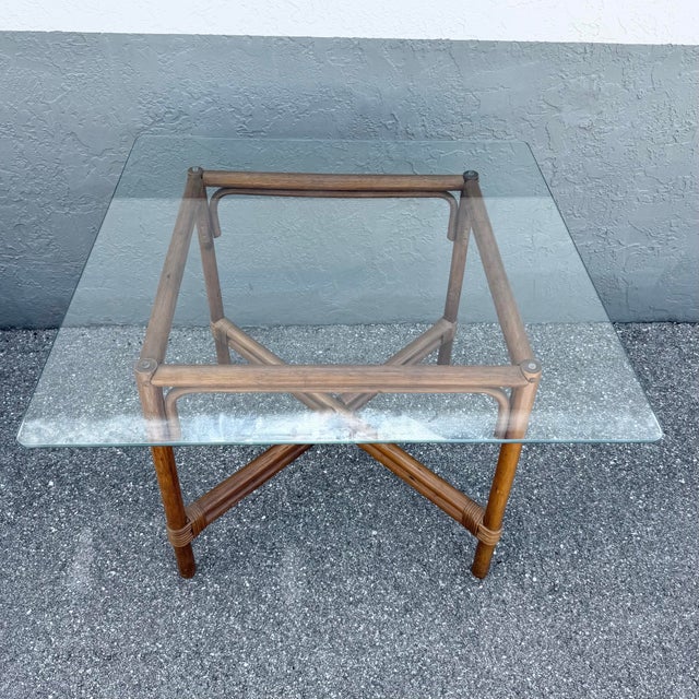 Boho Chic Vintage Boho Chic Rattan Square Glass Top Dining Table For Sale - Image 3 of 5