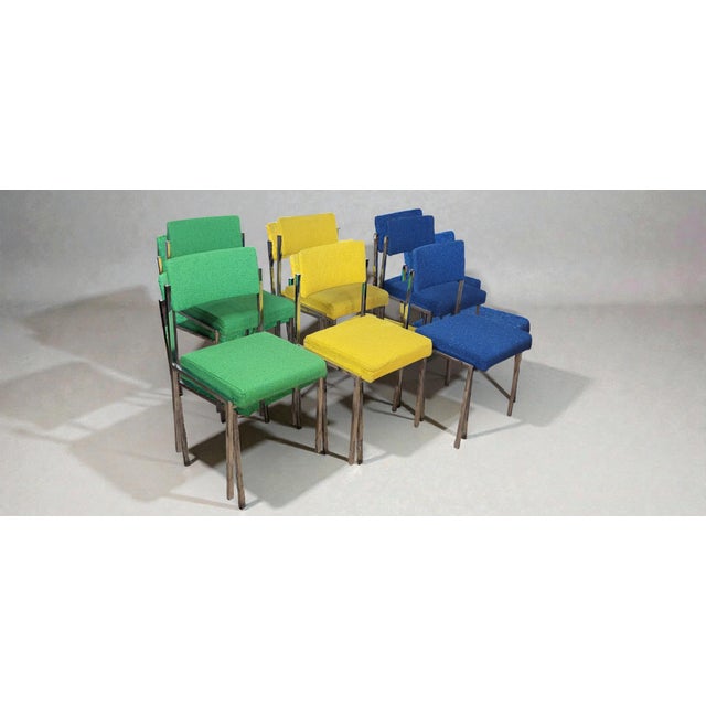 Set of six Strafor chairs from the 1970s. Square chrome-plated metal legs. Foam seats and backs upholstered in colorful,...