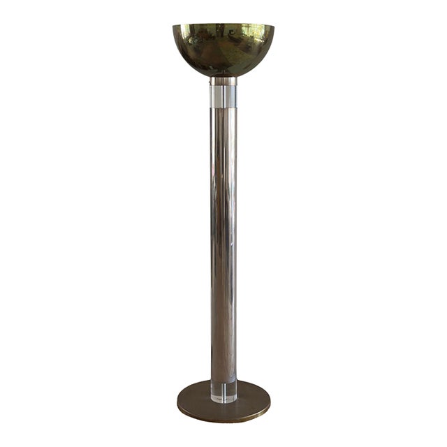 1970s Monumental Chrome, Brass and Lucite Torchiere Floor Lamp by Karl Springer For Sale