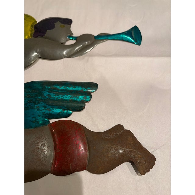 Vintage Painted Tin Trumpeting Angels in Mexican Folk Art Style — Pair For Sale - Image 4 of 10