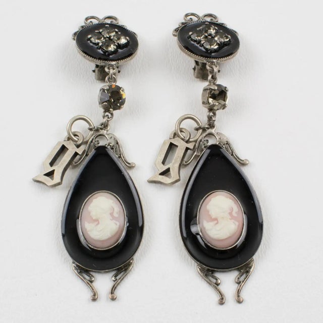 John Galliano Victorian Style Cameo and Black Enamel Clip Earrings For Sale - Image 4 of 8