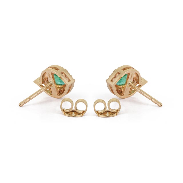 VRJewels Natural Zambian Emerald Studs With Halo Diamonds in 14k Yellow Gold- A Pair For Sale - Image 9 of 16