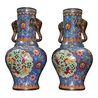 Monumental Pair of Cloisonné Enamel & Bronze Elephant-Handle Vases With Goldfish Motifs For Sale